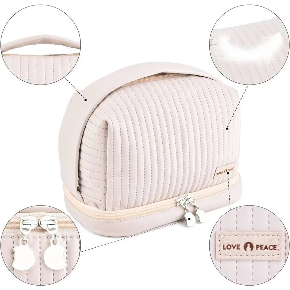 Large Makeup Bag Double Layer Cosmetic Travel Portable Leather Toiletry‎